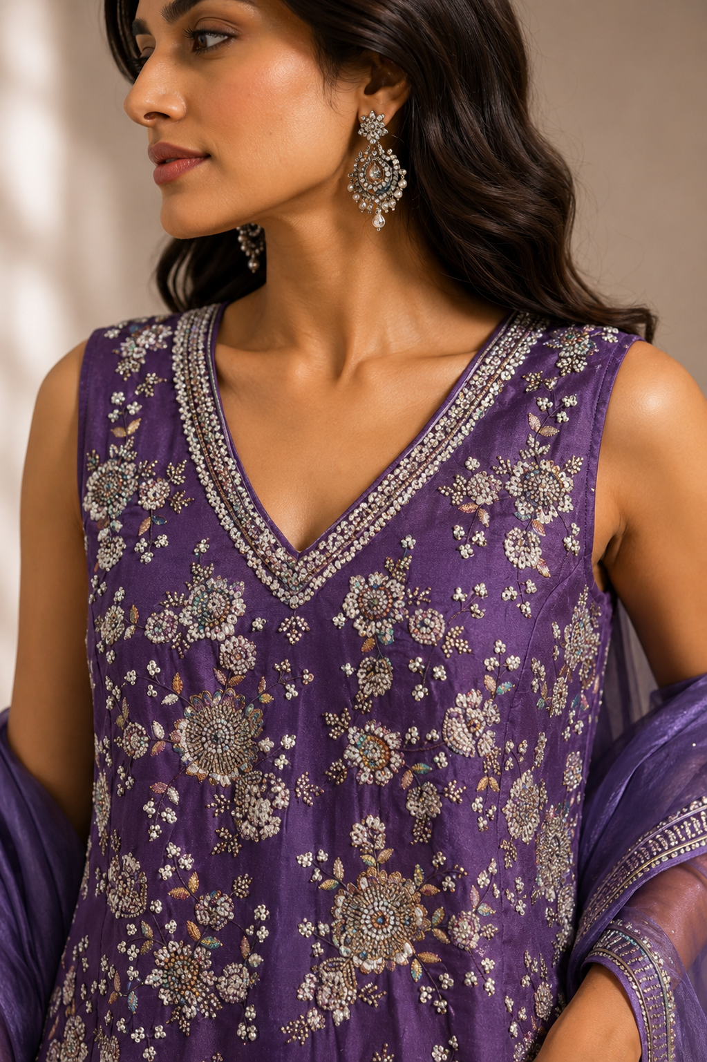 Royal Purple Embroidered Kurta Set with Palazzo & Dupatta