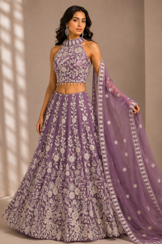 Designer Embroidered Halter Neck Lehenga Set with Net Dupatta – Mauve Purple