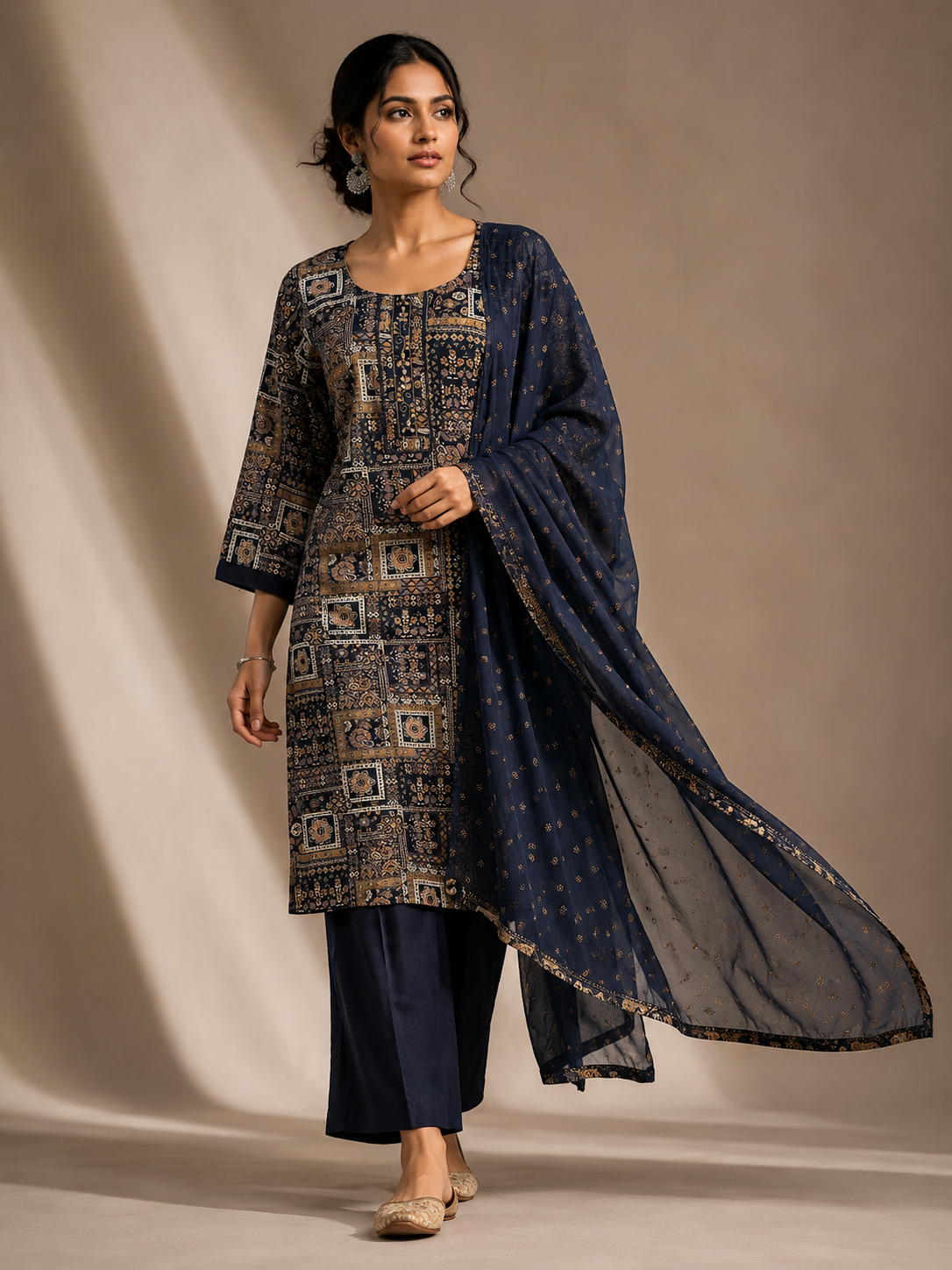 Navy Blue Printed Kurta Pant Set with Printed Dupatta for Women