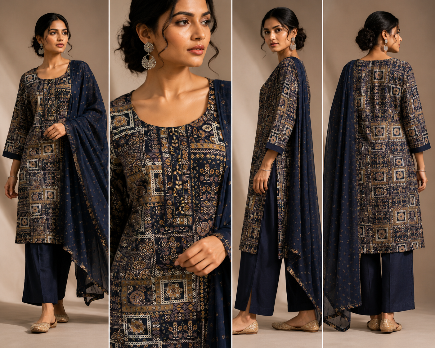 Navy Blue Printed Kurta Pant Set with Printed Dupatta for Women