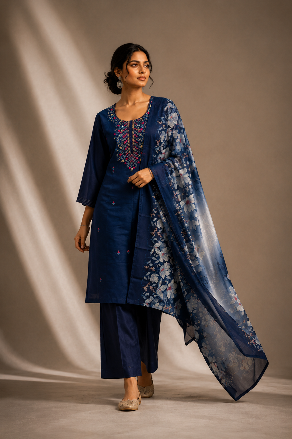 Navy Blue Kurta Pant Set with Floral Dupatta for Women