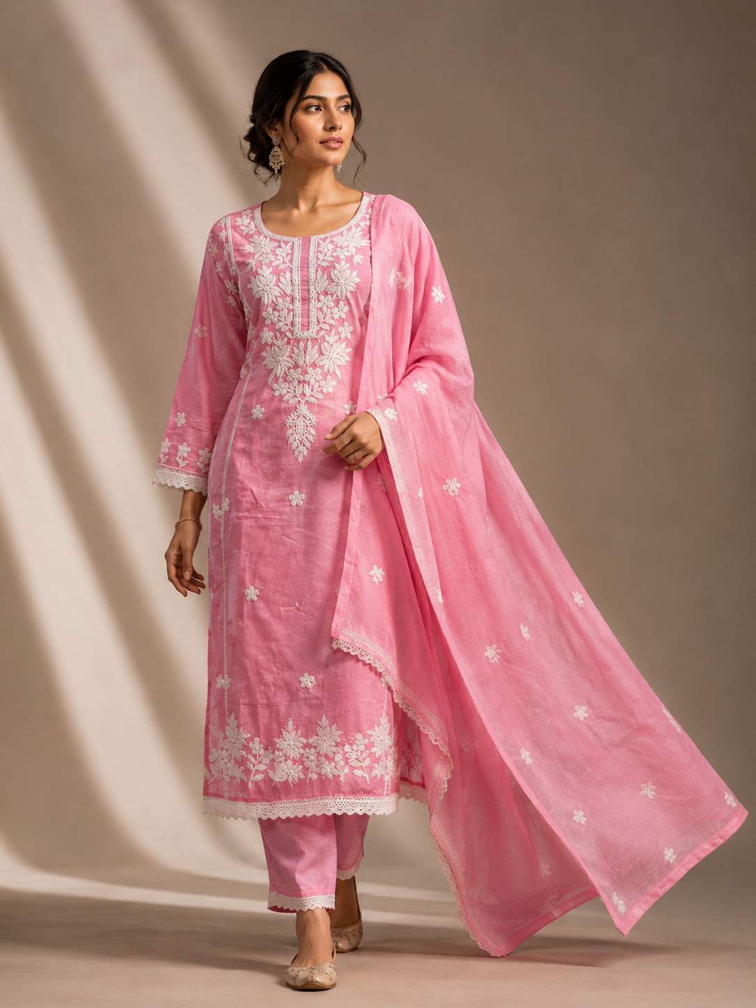 Pink Embroidered Kurta Pant Set with Dupatta