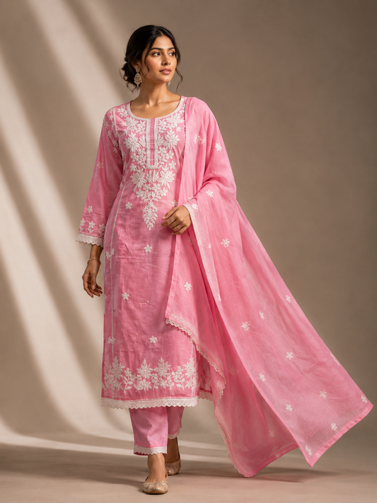 Pink Embroidered Kurta Pant Set with Dupatta