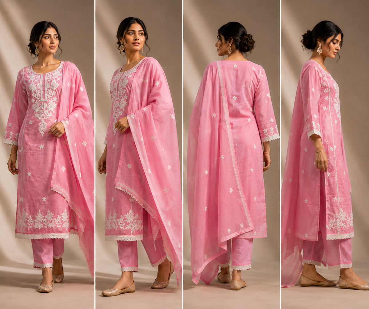 Pink Embroidered Kurta Pant Set with Dupatta