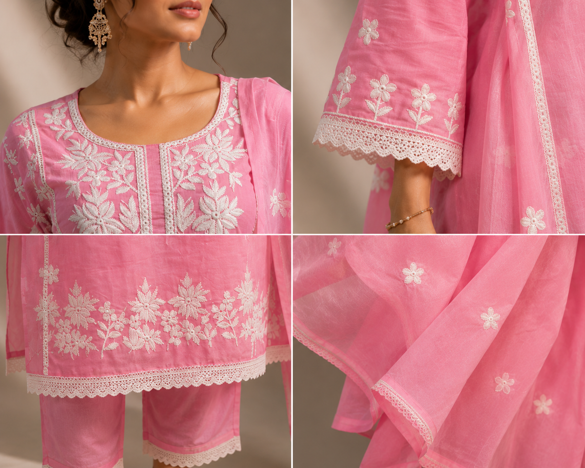 Pink Embroidered Kurta Pant Set with Dupatta