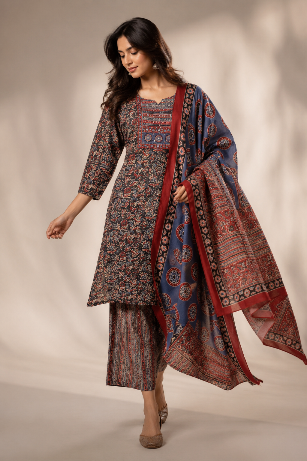 Ajrakh-Inspired Printed Cotton Kurti Pant Set with Dupatta