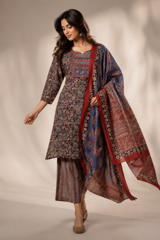 Ajrakh-Inspired Printed Cotton Kurti Pant Set with Dupatta