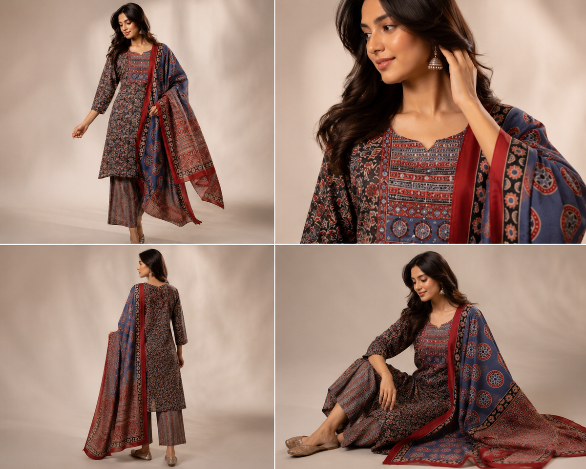 Ajrakh-Inspired Printed Cotton Kurti Pant Set with Dupatta