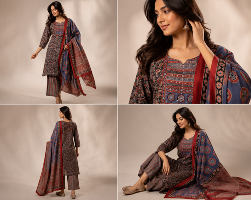 Ajrakh-Inspired Printed Cotton Kurti Pant Set with Dupatta