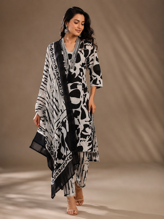 Black and White Printed Kurti Pant set with Dupatta