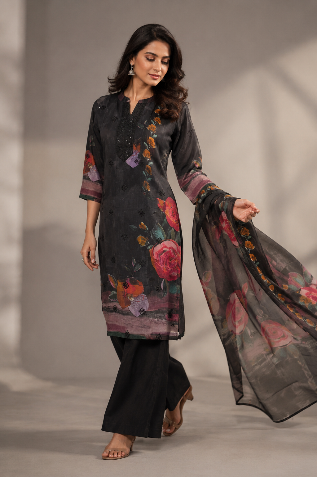 Midnight Bloom Floral Kurti Pant Set with Dupatta