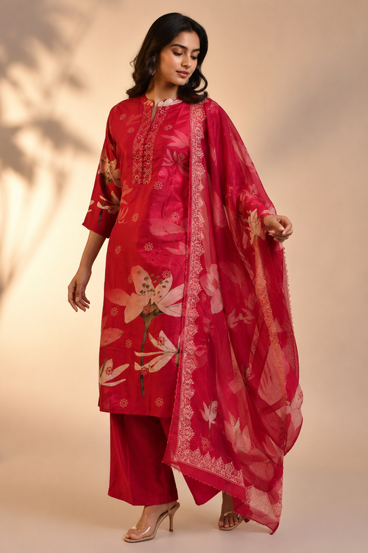 Bright Fuchsia Floral Printed Kurta Pant with Dupatta Set for Women