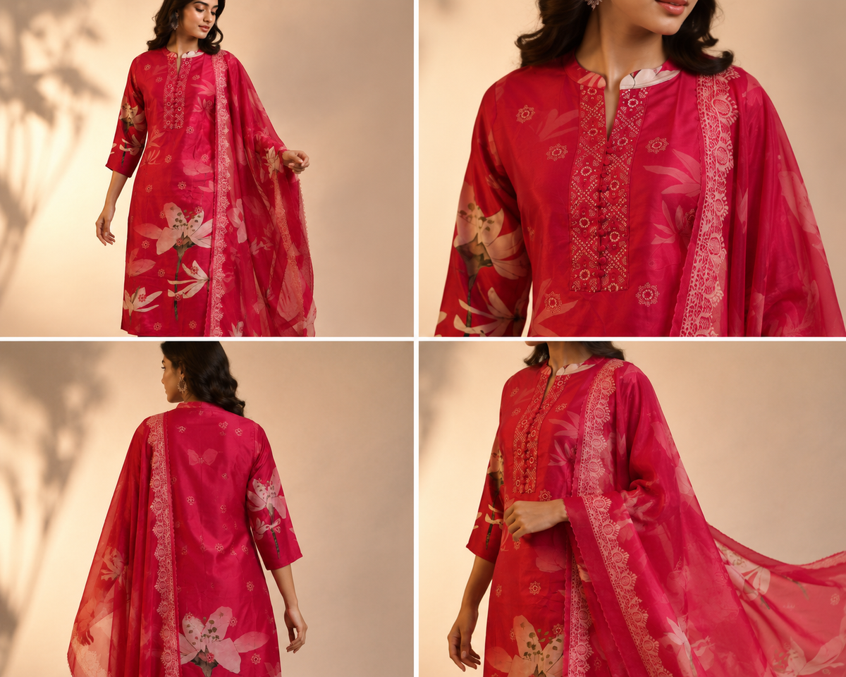 Bright Fuchsia Floral Printed Kurta Pant with Dupatta Set for Women