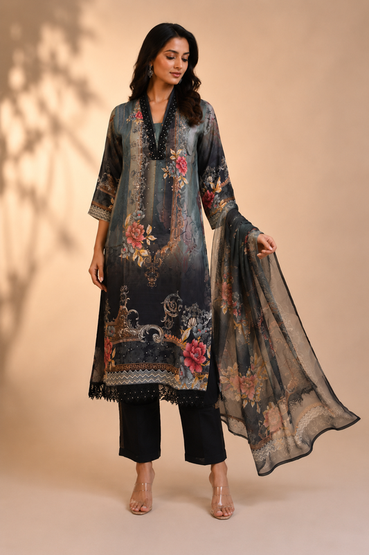 Elegant Floral Printed Kurta Pant Set with Chiffon Dupatta