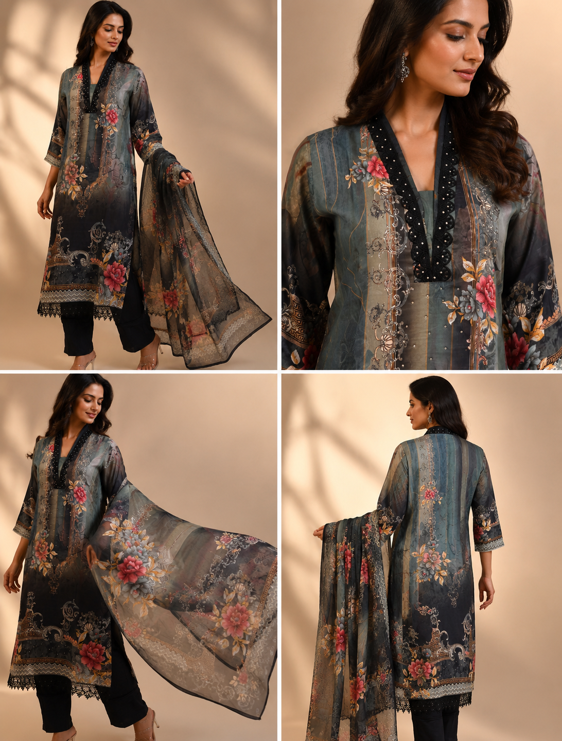 Elegant Floral Printed Kurta Pant Set with Chiffon Dupatta
