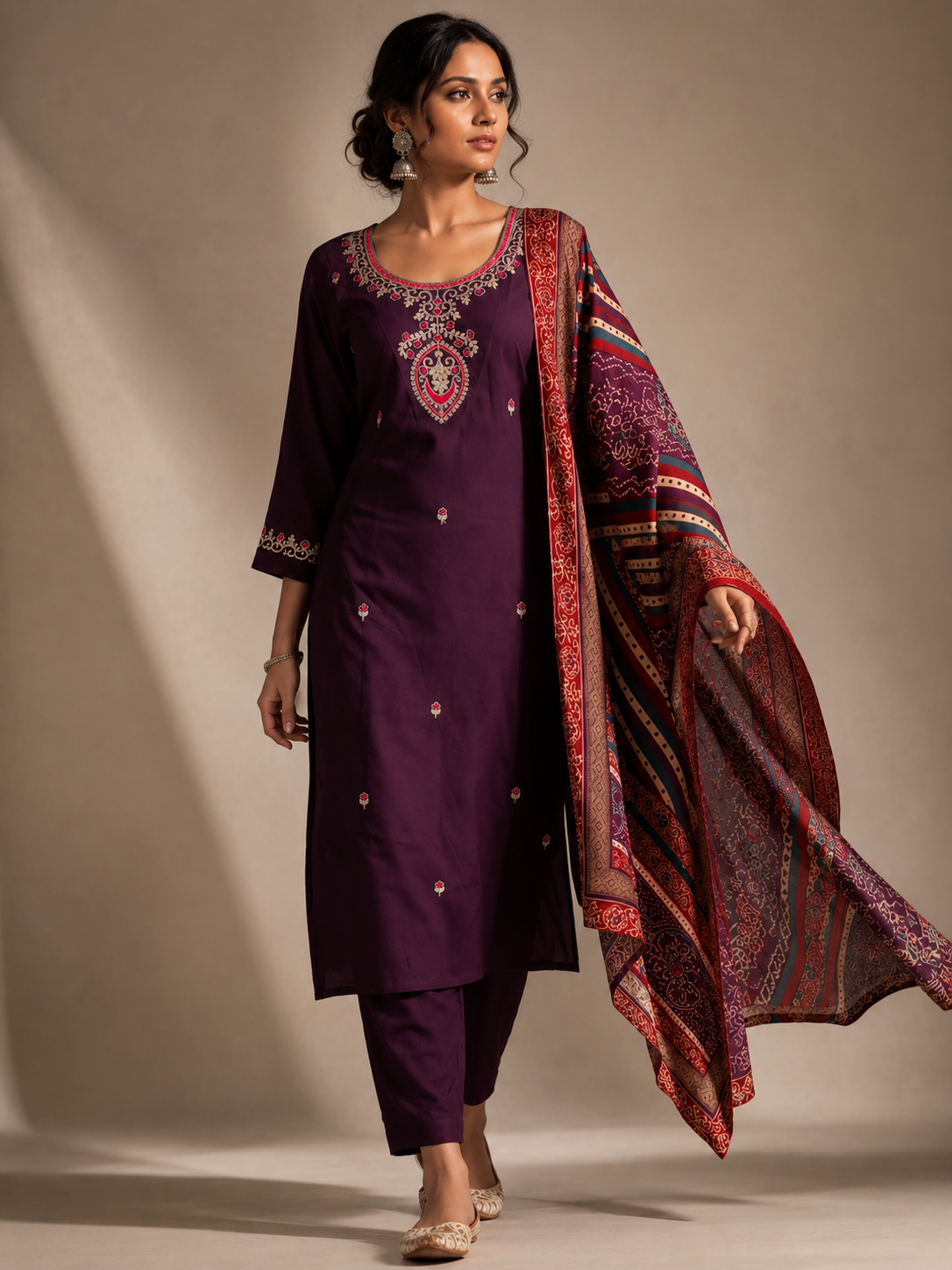 Plum Embroidered Kurta Set with Printed Dupatta