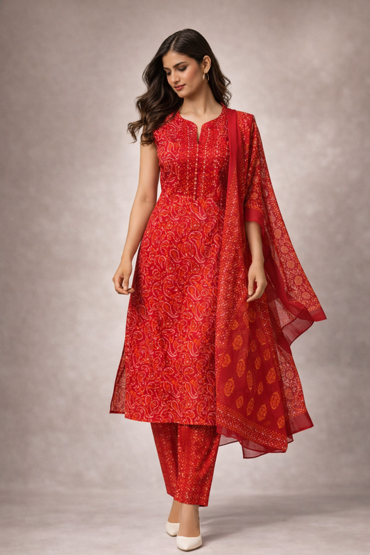 Red Paisley Printed Kurta Set with Dupatta