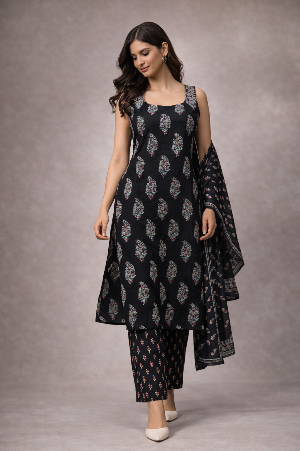 Midnight Bloom Printed Kurta Set with Dupatta