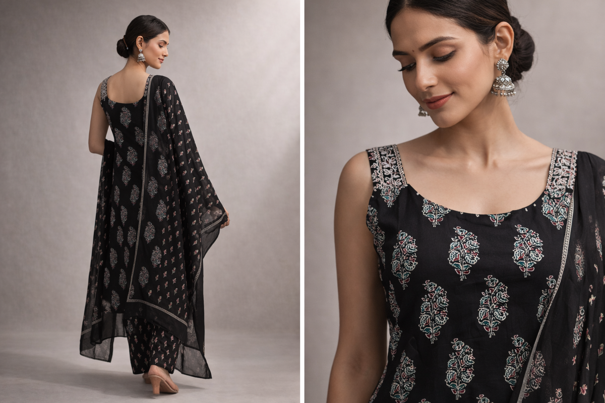 Midnight Bloom Printed Kurta Set with Dupatta