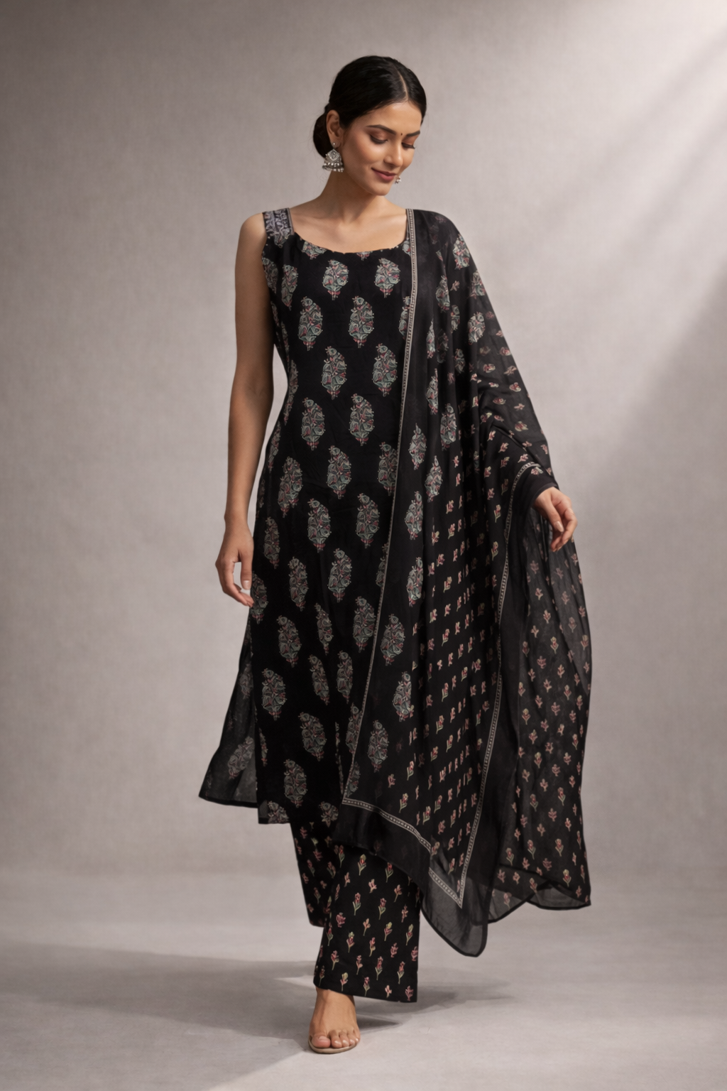 Midnight Bloom Printed Kurta Set with Dupatta
