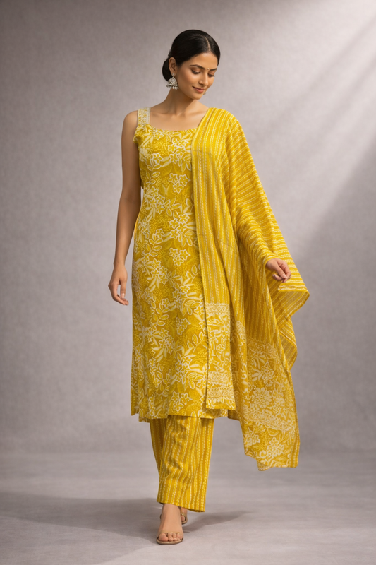 Sunlit Bloom Printed Kurta Set with Dupatta