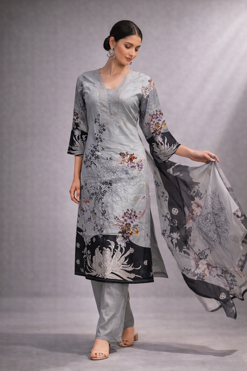 Silver Bloom Floral Kurti Pant Set with Dupatta