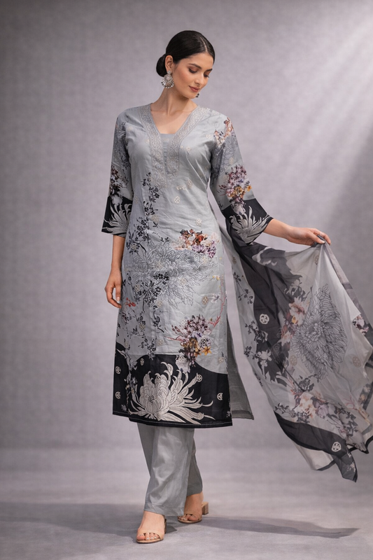 Silver Bloom Floral Kurti Pant Set with Dupatta