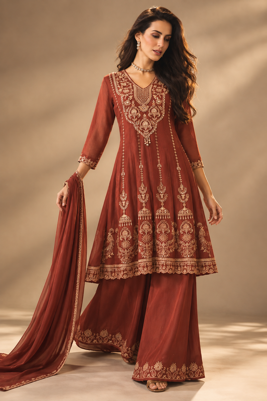 Rust Embroidered Anarkali Kurti with Palazzo Set