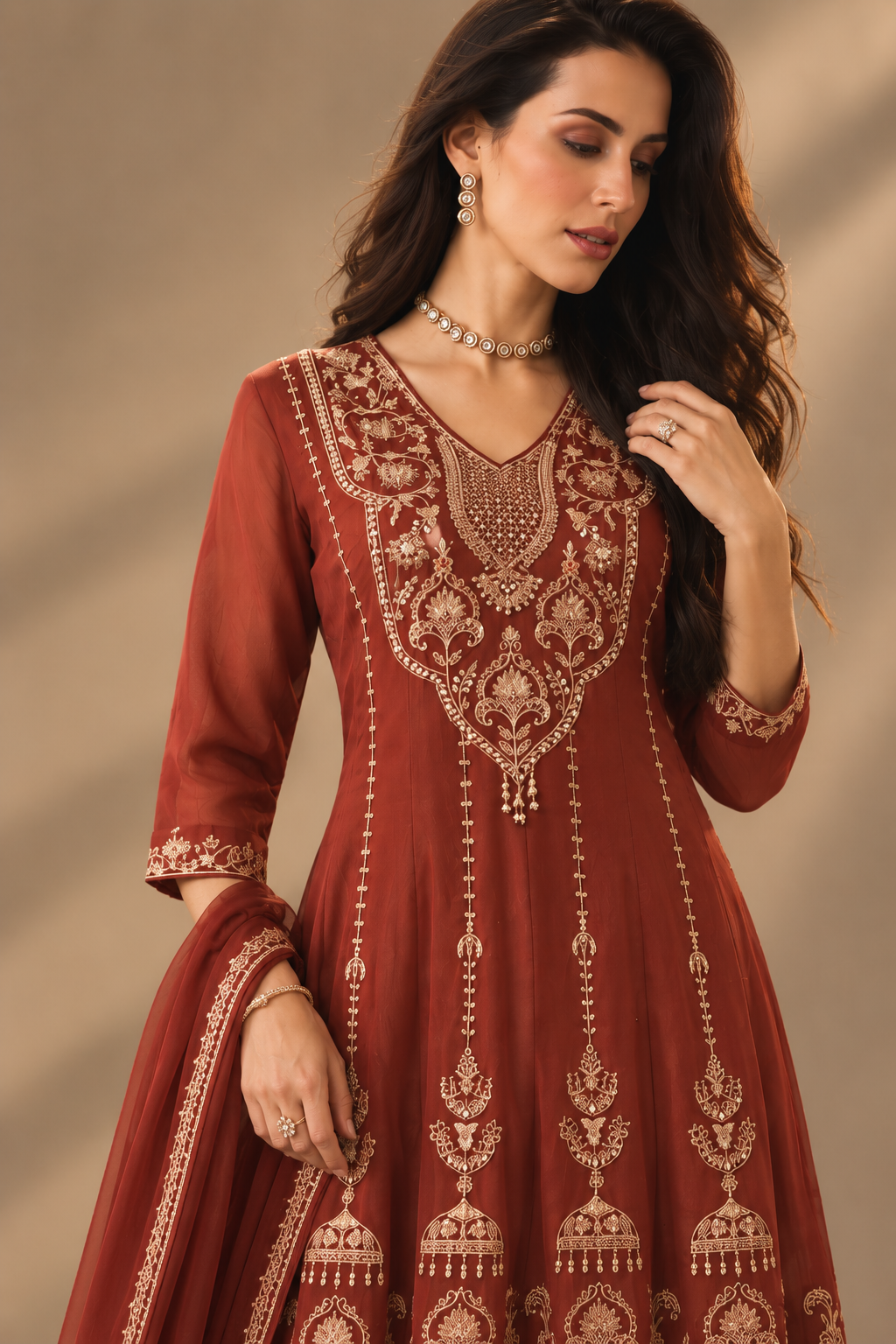 Rust Embroidered Anarkali Kurti with Palazzo Set