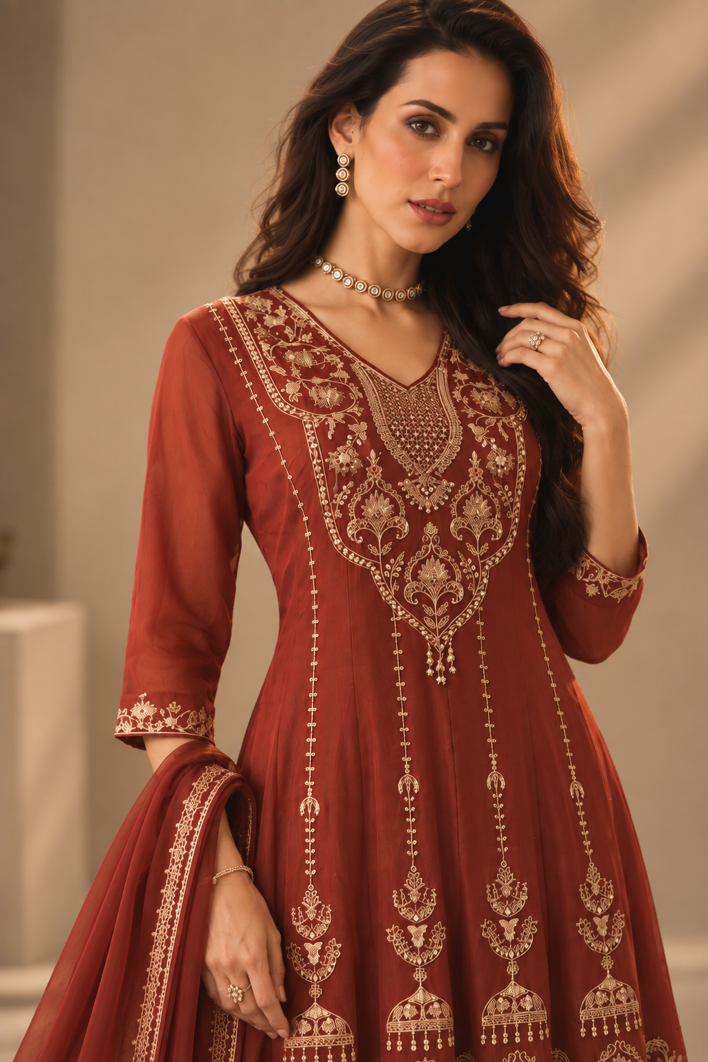 Rust Embroidered Anarkali Kurti with Palazzo Set