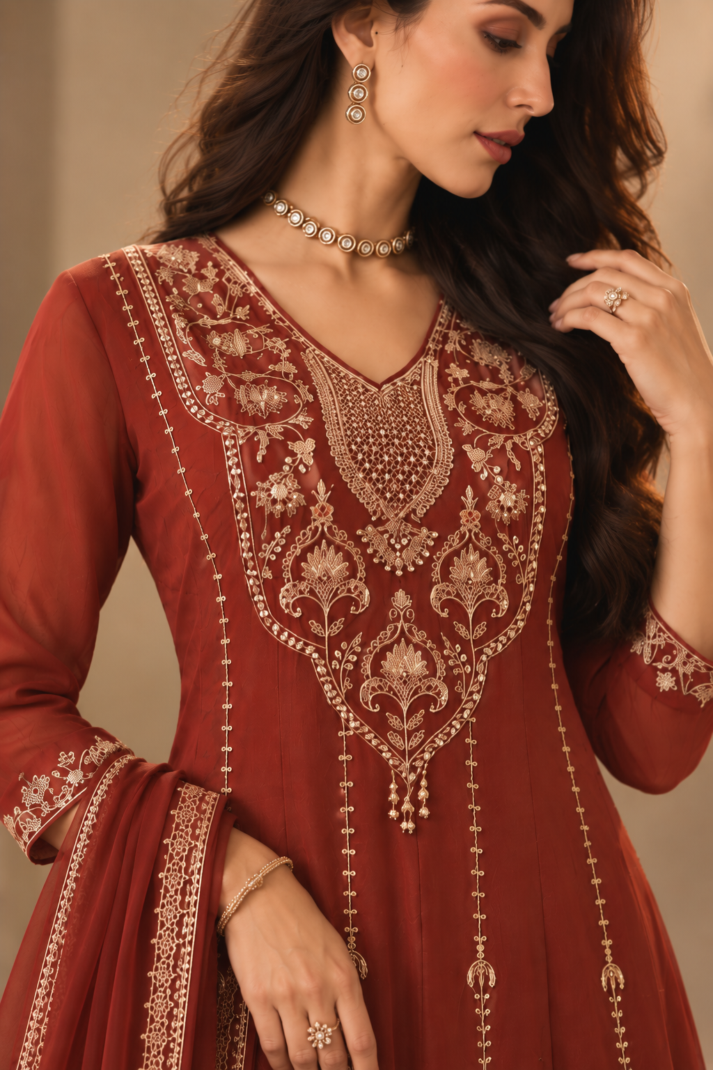 Rust Embroidered Anarkali Kurti with Palazzo Set