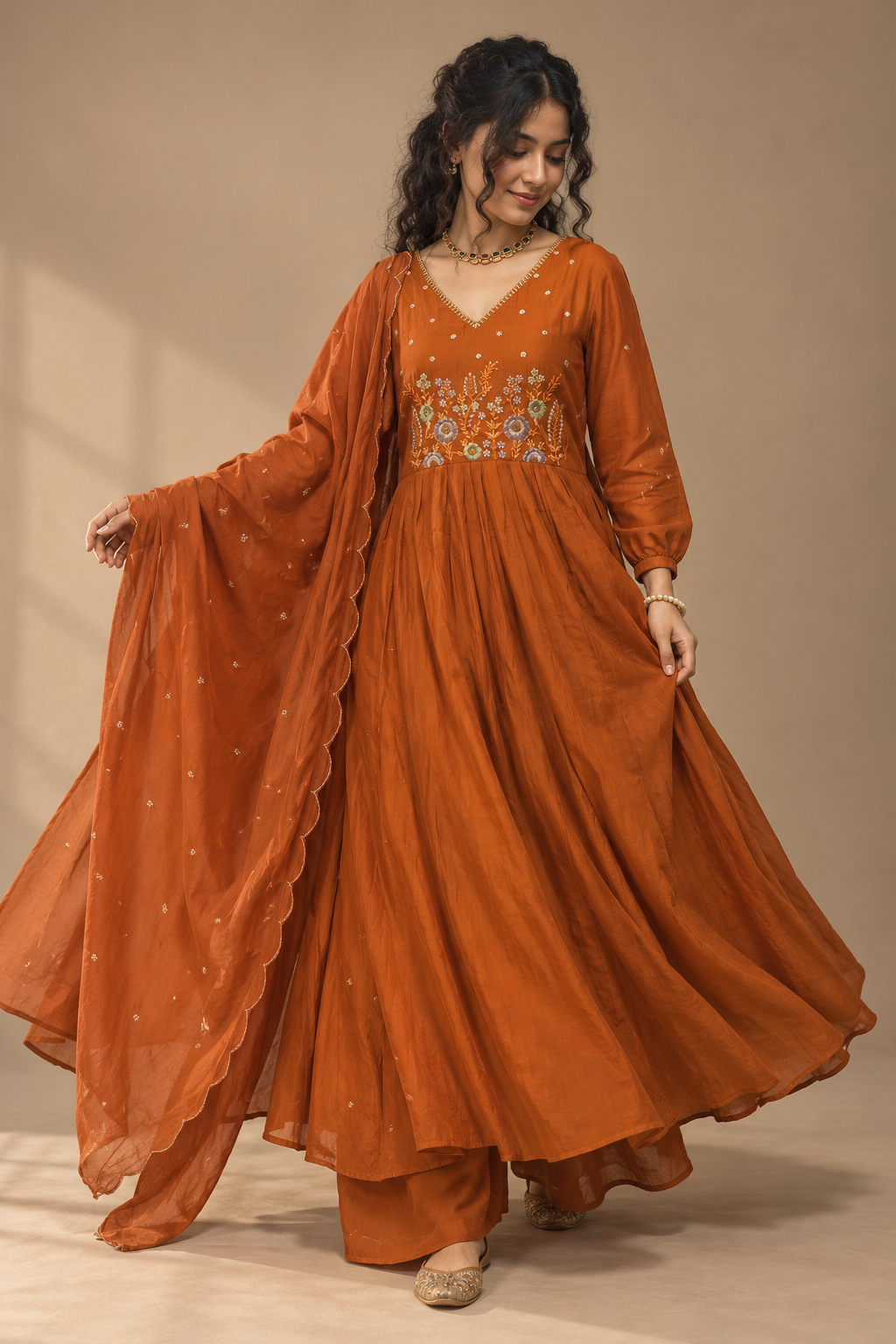Rust Orange Floral Embroidered Anarkali Set with Dupatta