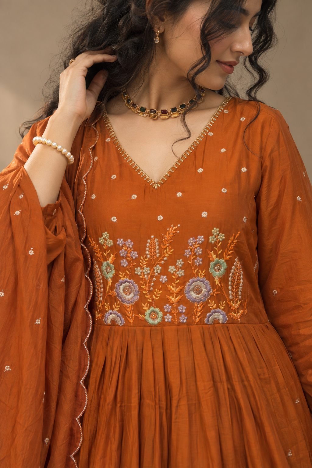 Rust Orange Floral Embroidered Anarkali Set with Dupatta