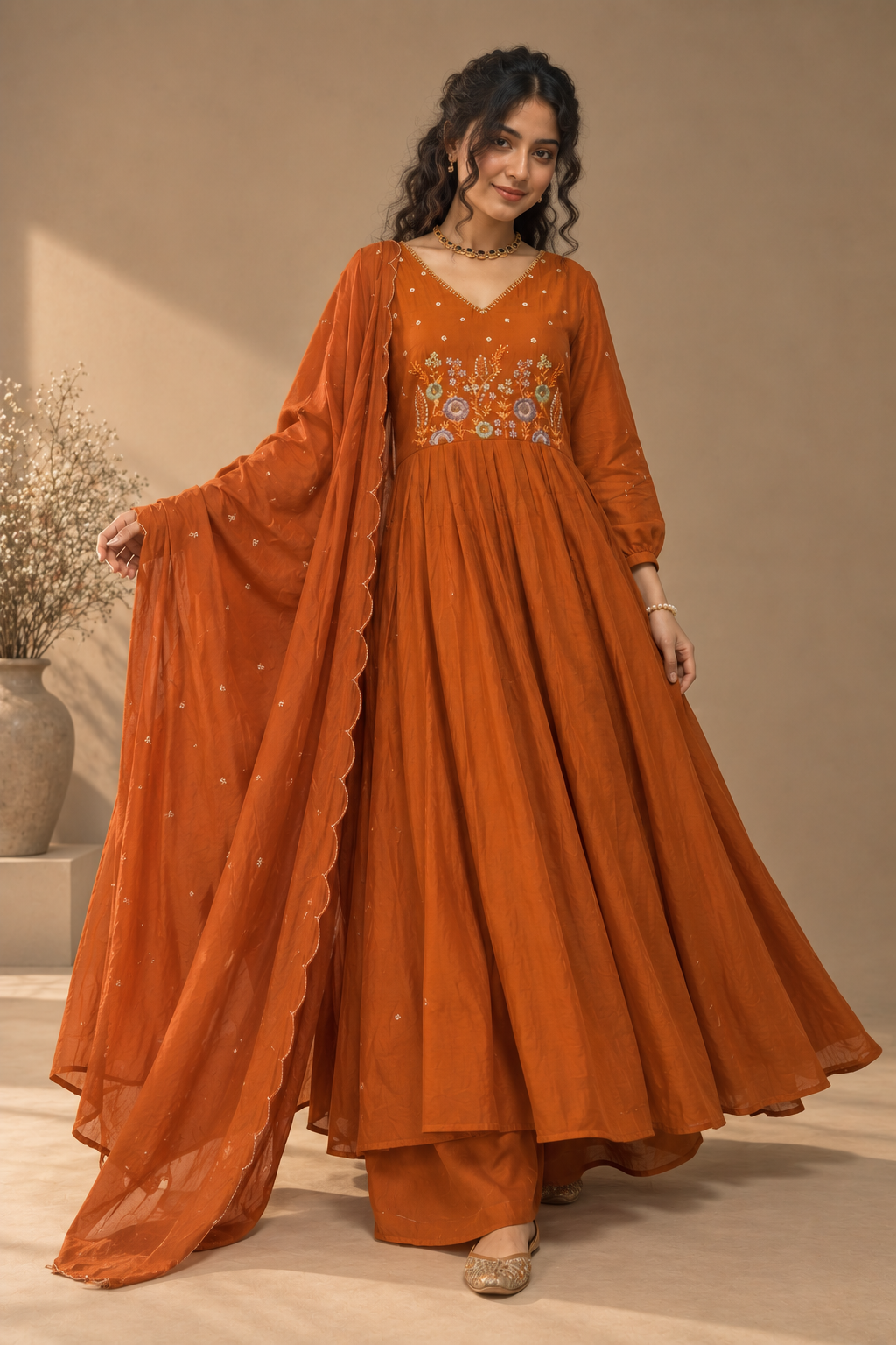 Rust Orange Floral Embroidered Anarkali Set with Dupatta