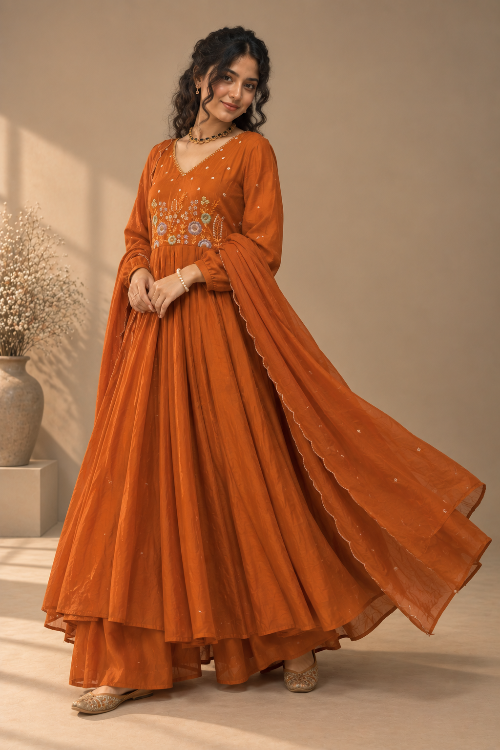 Rust Orange Floral Embroidered Anarkali Set with Dupatta