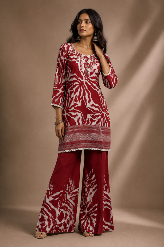 Red & White Printed Crepe Kurta Palazzo Coord Set