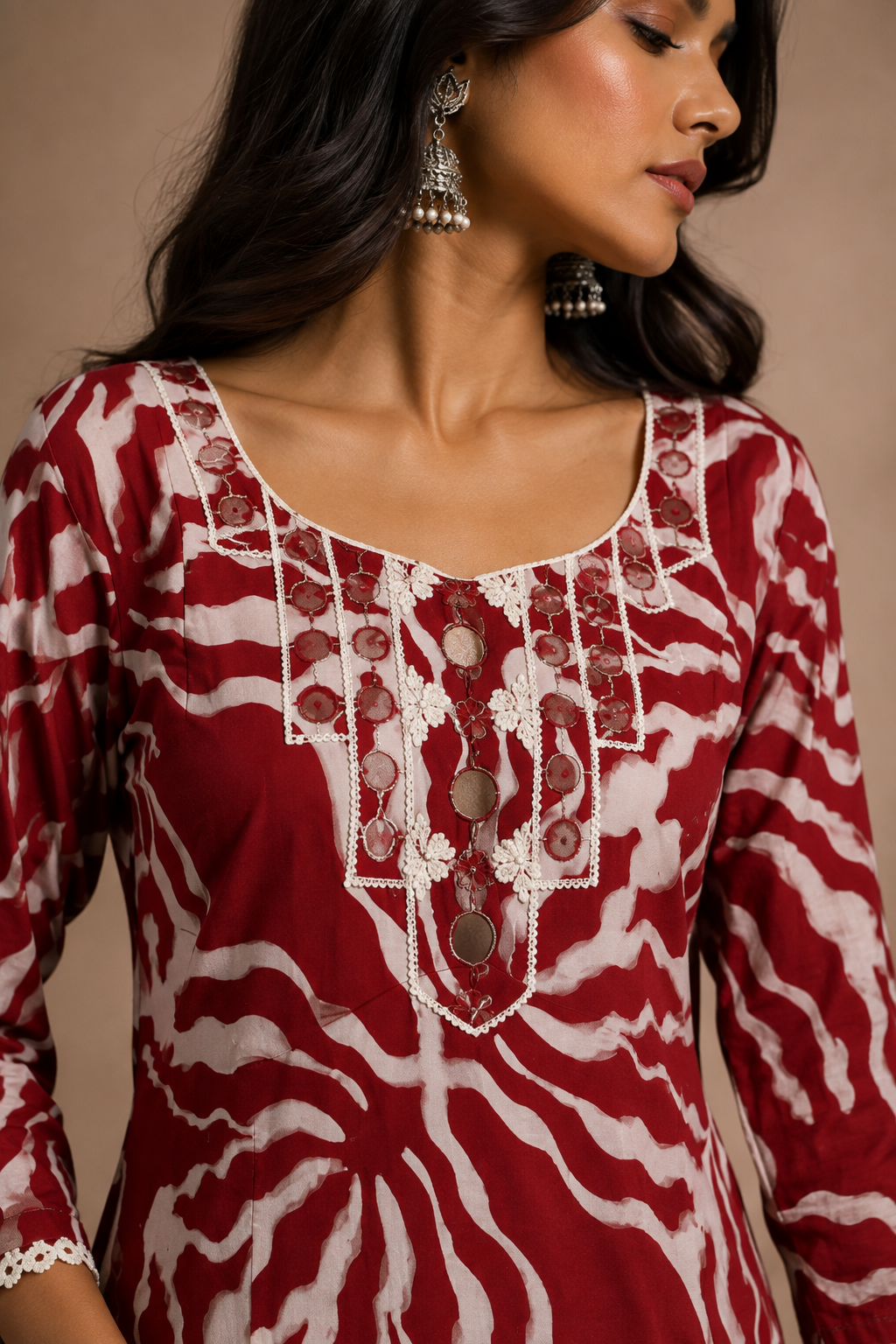 Red & White Printed Crepe Kurta Palazzo Coord Set
