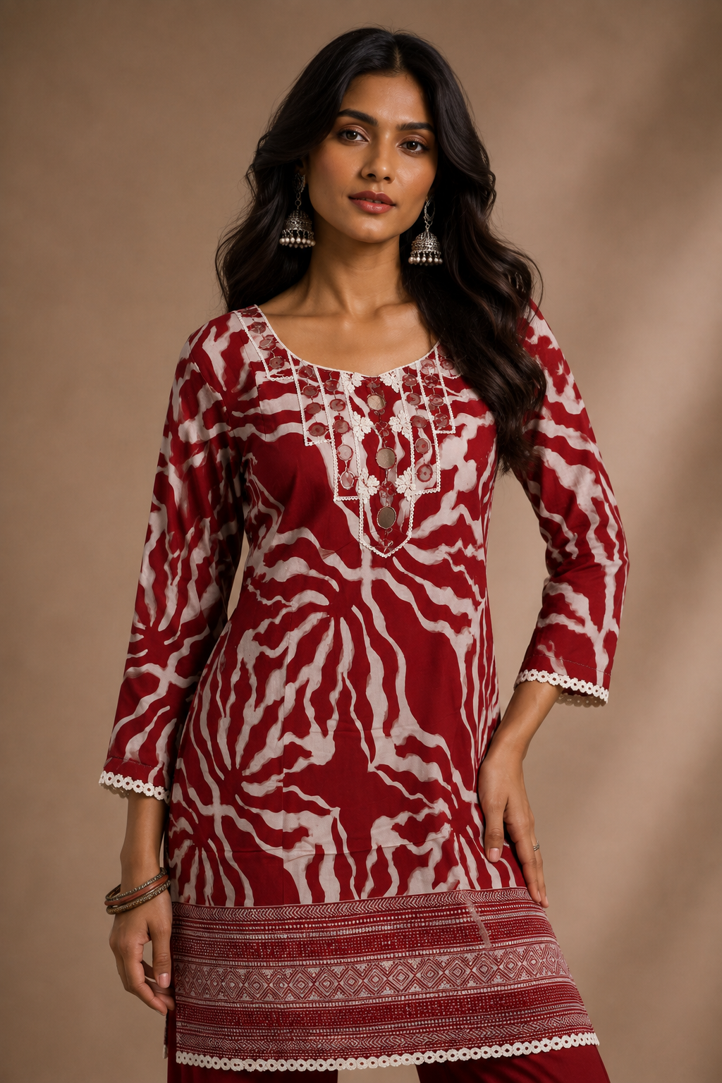 Red & White Printed Crepe Kurta Palazzo Coord Set