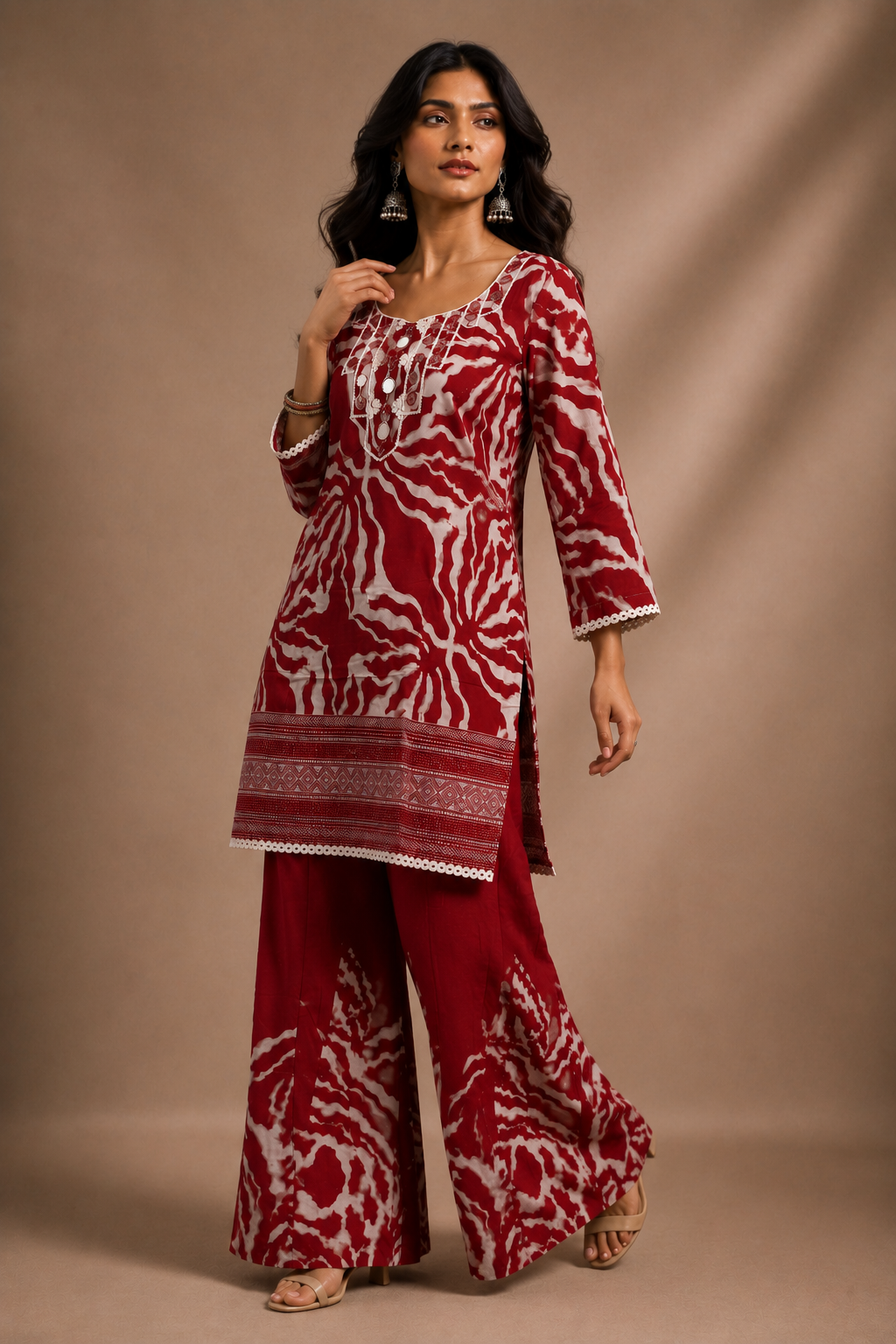 Red & White Printed Crepe Kurta Palazzo Coord Set