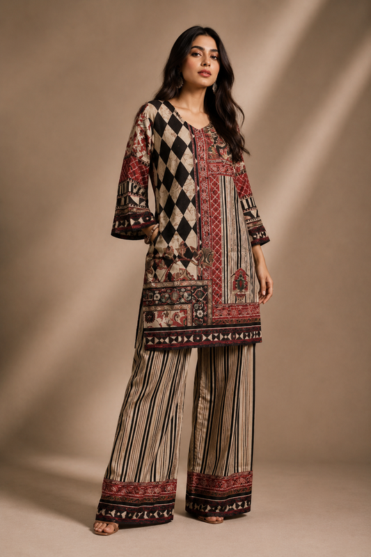 Multicolour Printed Crepe Kurta & Palazzo Coord Set