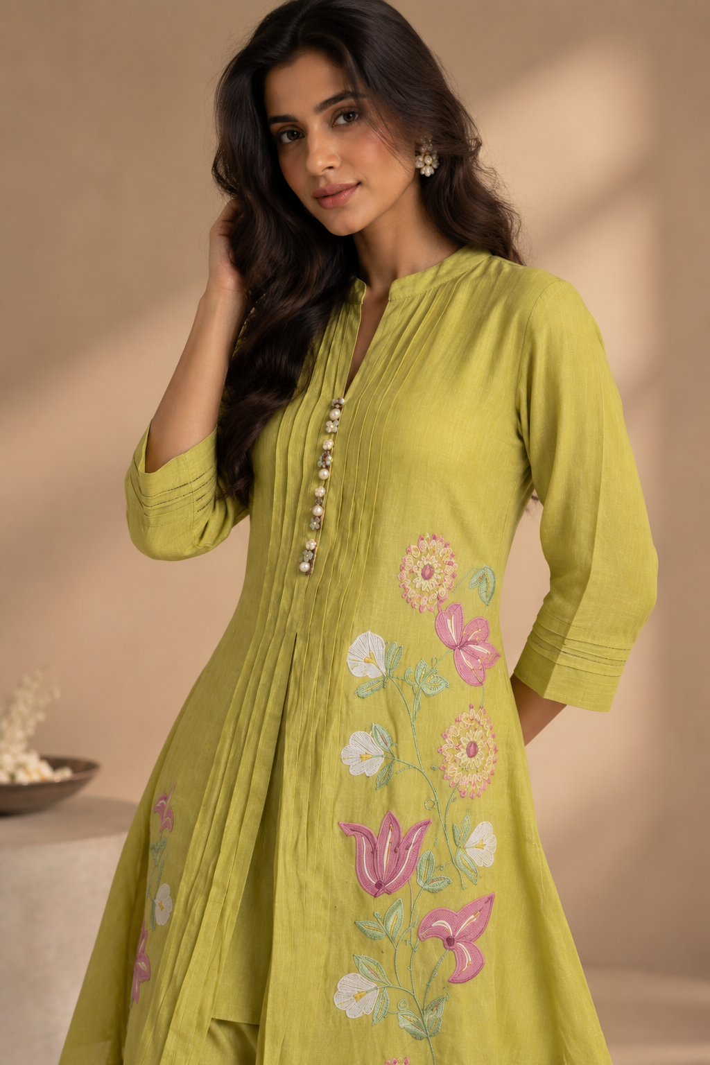Lime Green Floral Embroidered Cotton Coord Set