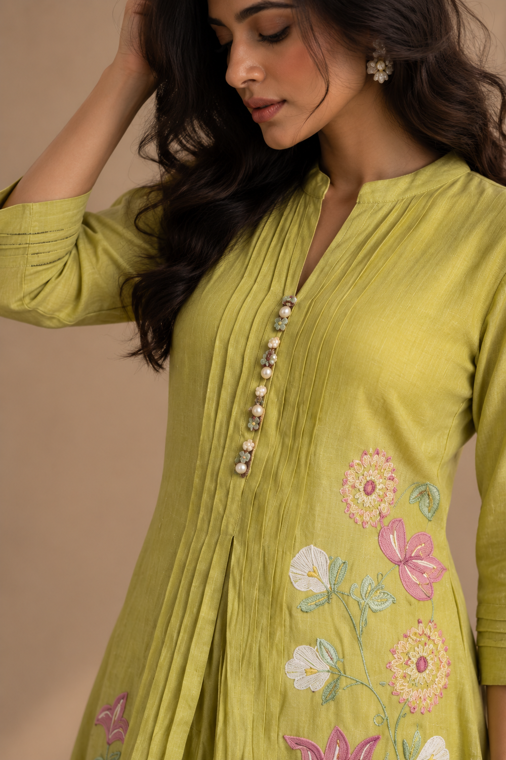Lime Green Floral Embroidered Cotton Coord Set