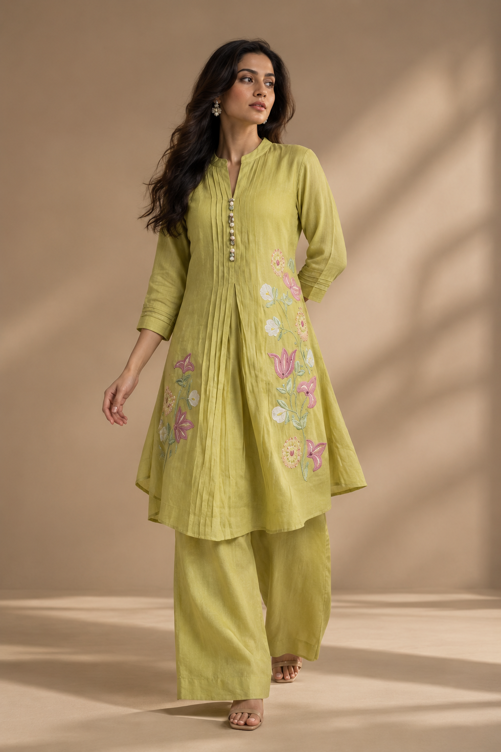 Lime Green Floral Embroidered Cotton Coord Set
