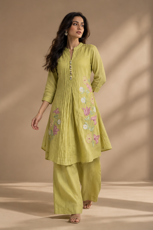 Lime Green Floral Embroidered Cotton Coord Set