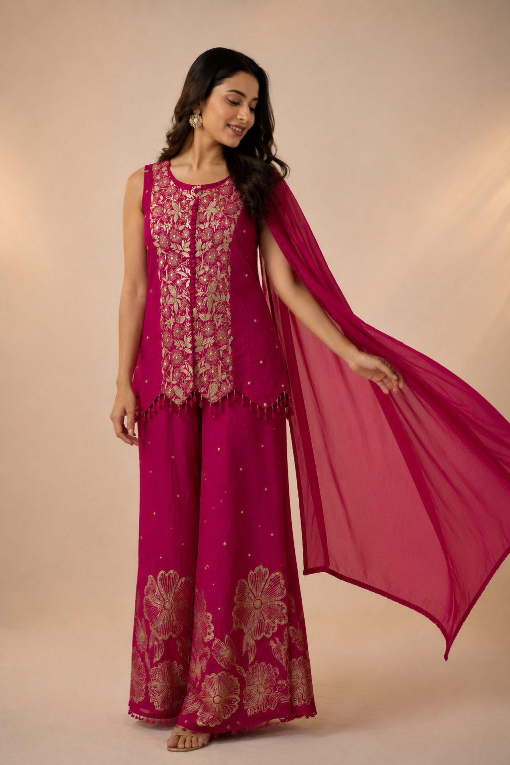 Magenta Embroidered Short Kurti with Palazzos & Dupatta Set
