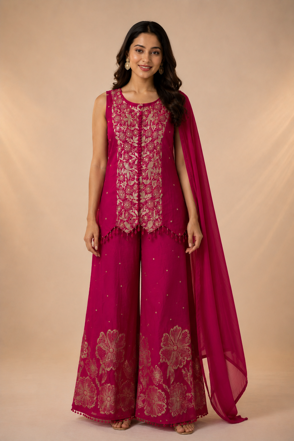 Magenta Embroidered Short Kurti with Palazzos & Dupatta Set