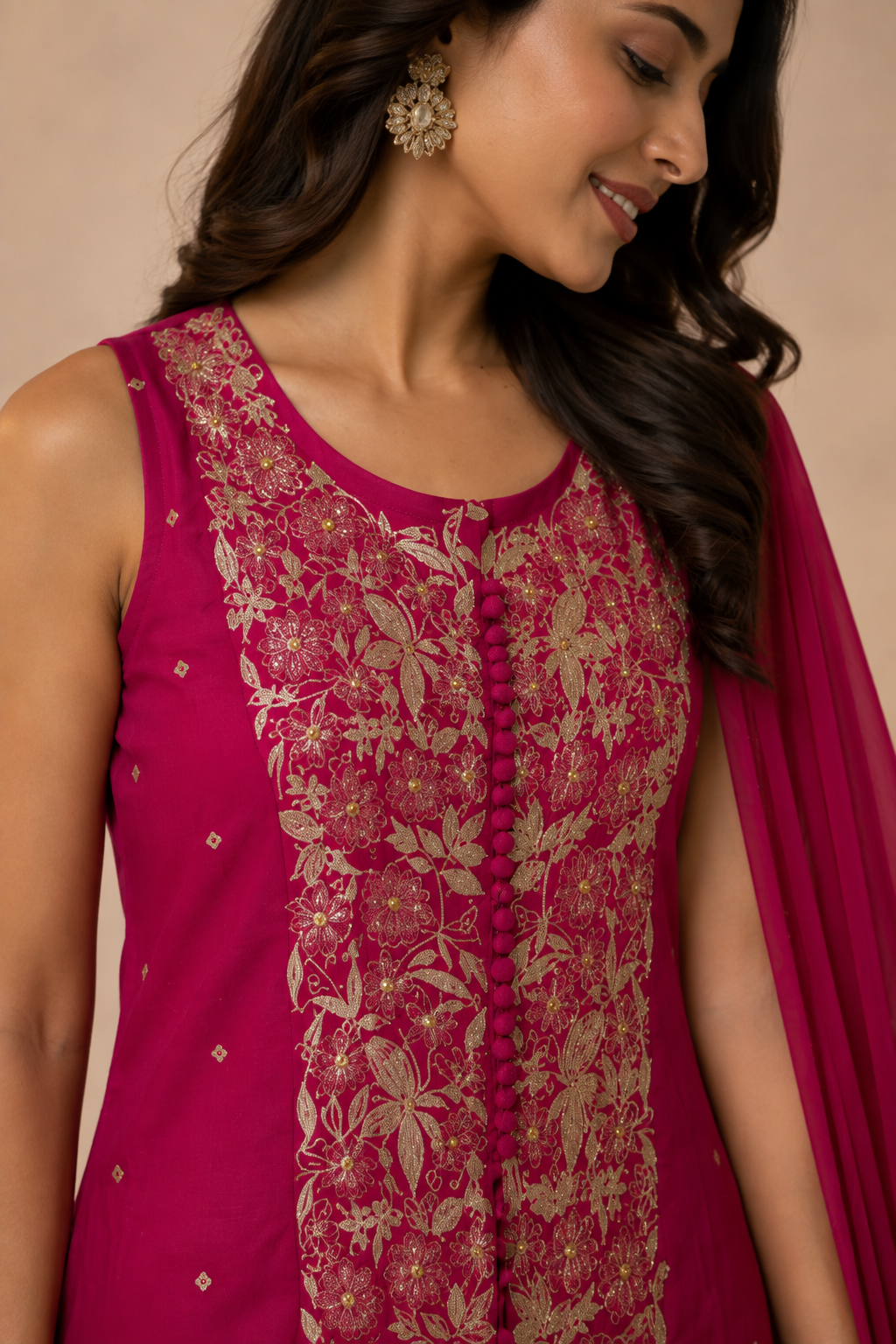 Magenta Embroidered Short Kurti with Palazzos & Dupatta Set