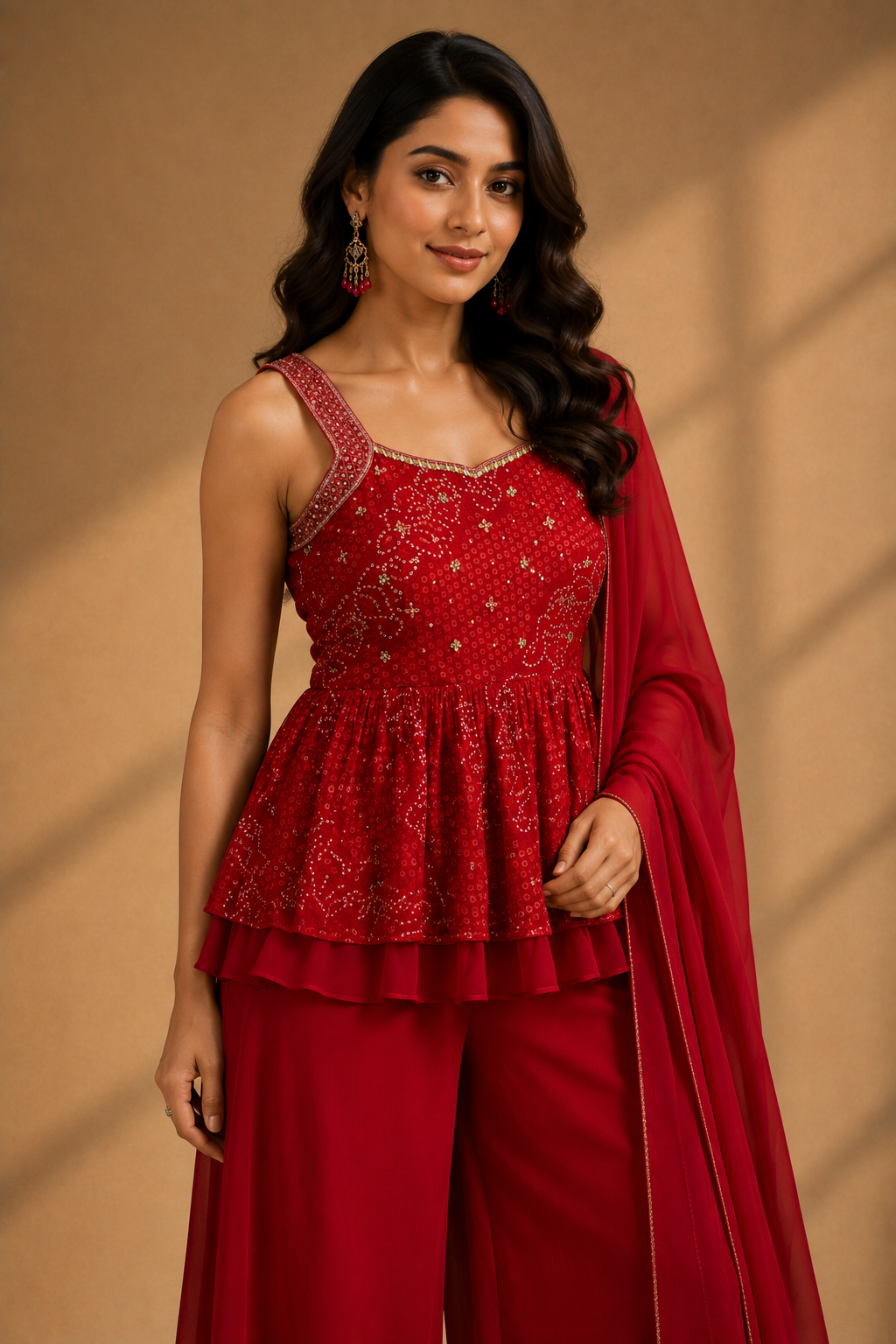 Red Embellished Choli & Palazzo Co-ord Set with Dupatta