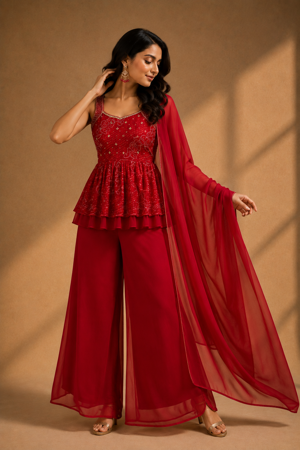 Red Embellished Choli & Palazzo Co-ord Set with Dupatta