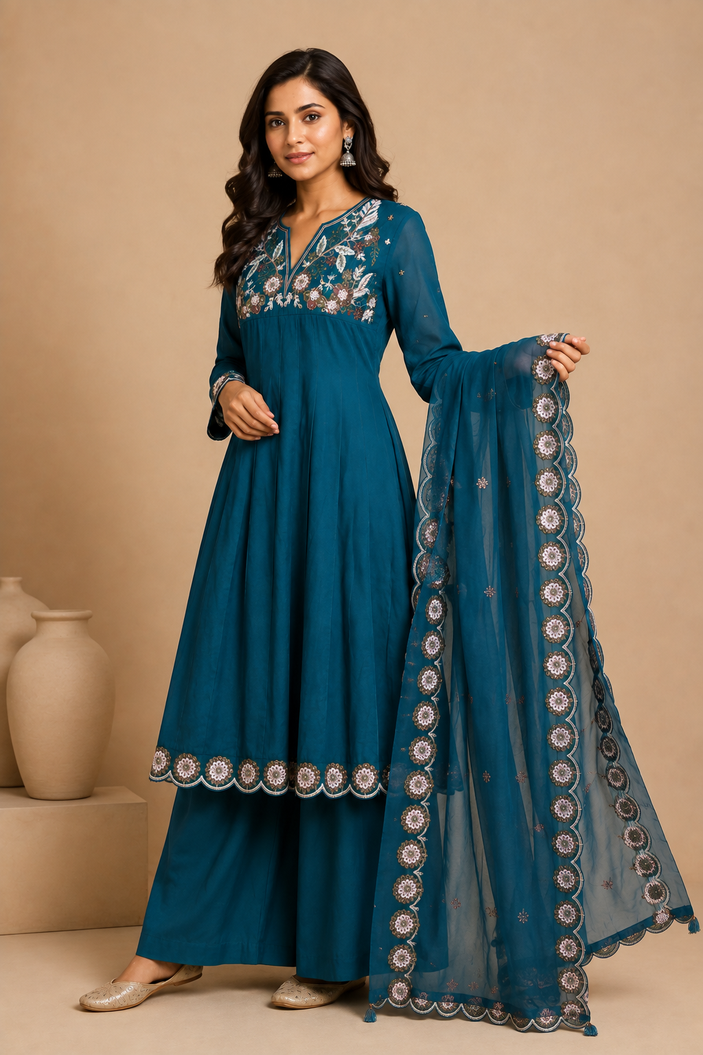 Teal Floral Embroidered Long Kurti Palazzo Set with Dupatta
